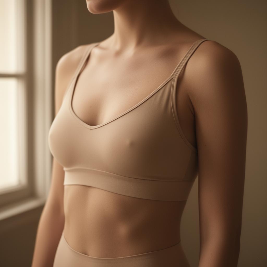 Torso femenino con lencería nude minimalista — cirugía de mama, resultado natural