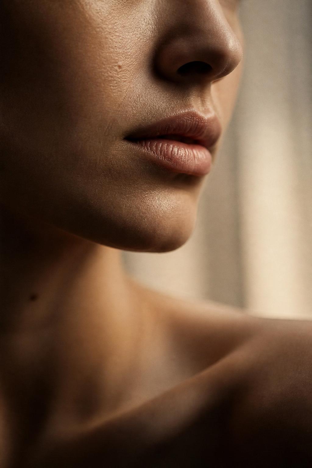 Editorial — labios y pómulo en luz natural, rellenos de ácido hialurónico