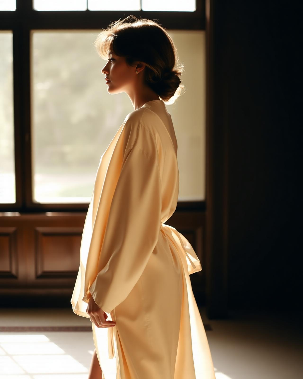 Editorial — perfil de mujer en bata silk champagne, Mommy Makeover